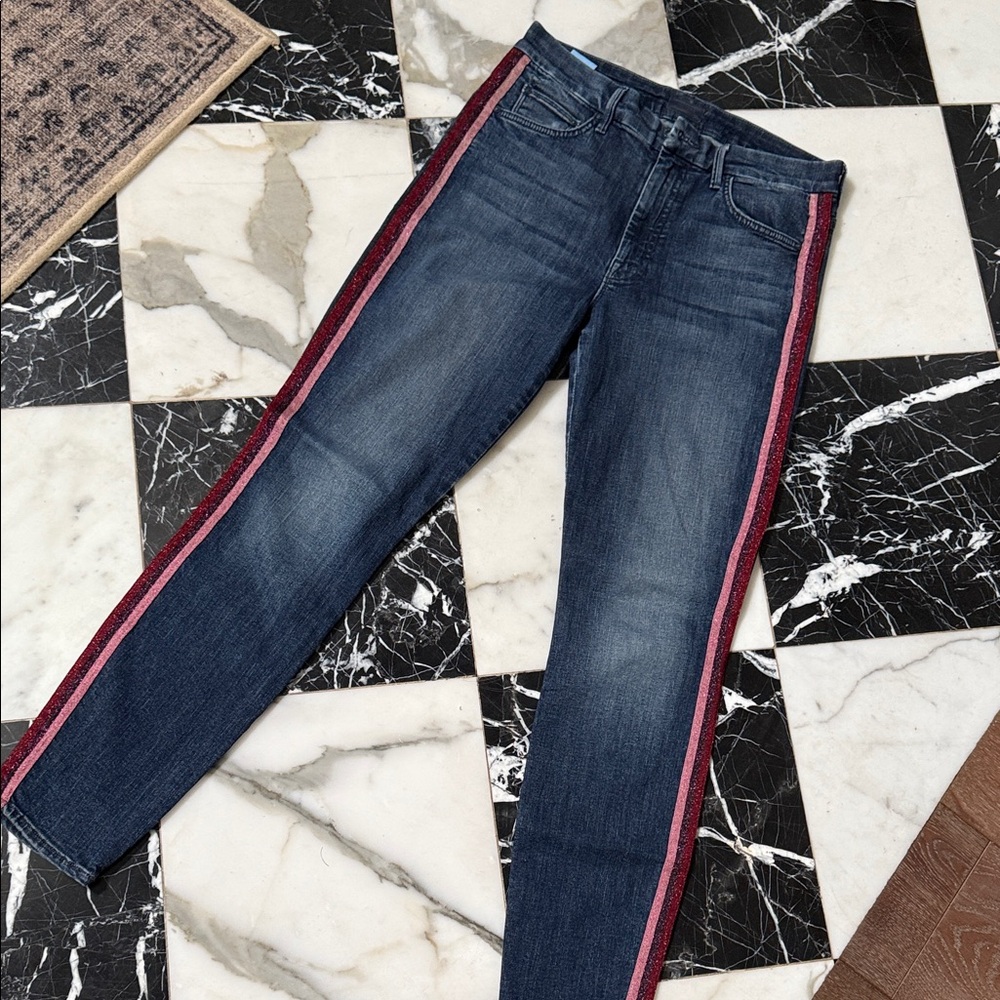 MOTHER Dark Blue Skinny Jeans with Red Accents